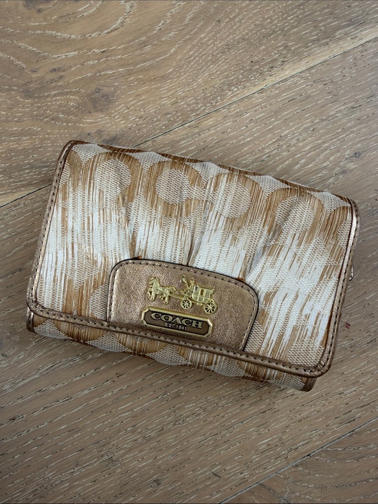 Coach Handbags - Y2K Coach Cream and Metallic Gold Signature Compact Wallet